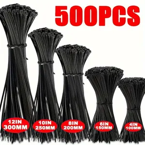 Black Zip Ties Assorted Sizes 4+6+8+10+12-Inch，500PCS Multi-Purpose Self-Locking Nylon Cable Tie,Wire Tie Perfect for Home,Garden Trellis,Office,Garage and Workshop.