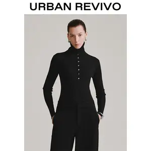 URBAN REVIVO Women's Minimalist Knitting Mock Neck Long-Sleeve Basic Elegant Top - Ladies' Longsleeves Knitting Clothes UWM950133