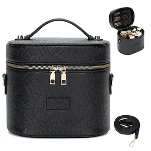 Large Capacity PU Leather Makeup Bag, Crossbody Shoulder Strap, Travel Organizer, Portable Vanity Box, Multifunctional Cosmetic Case for Women
