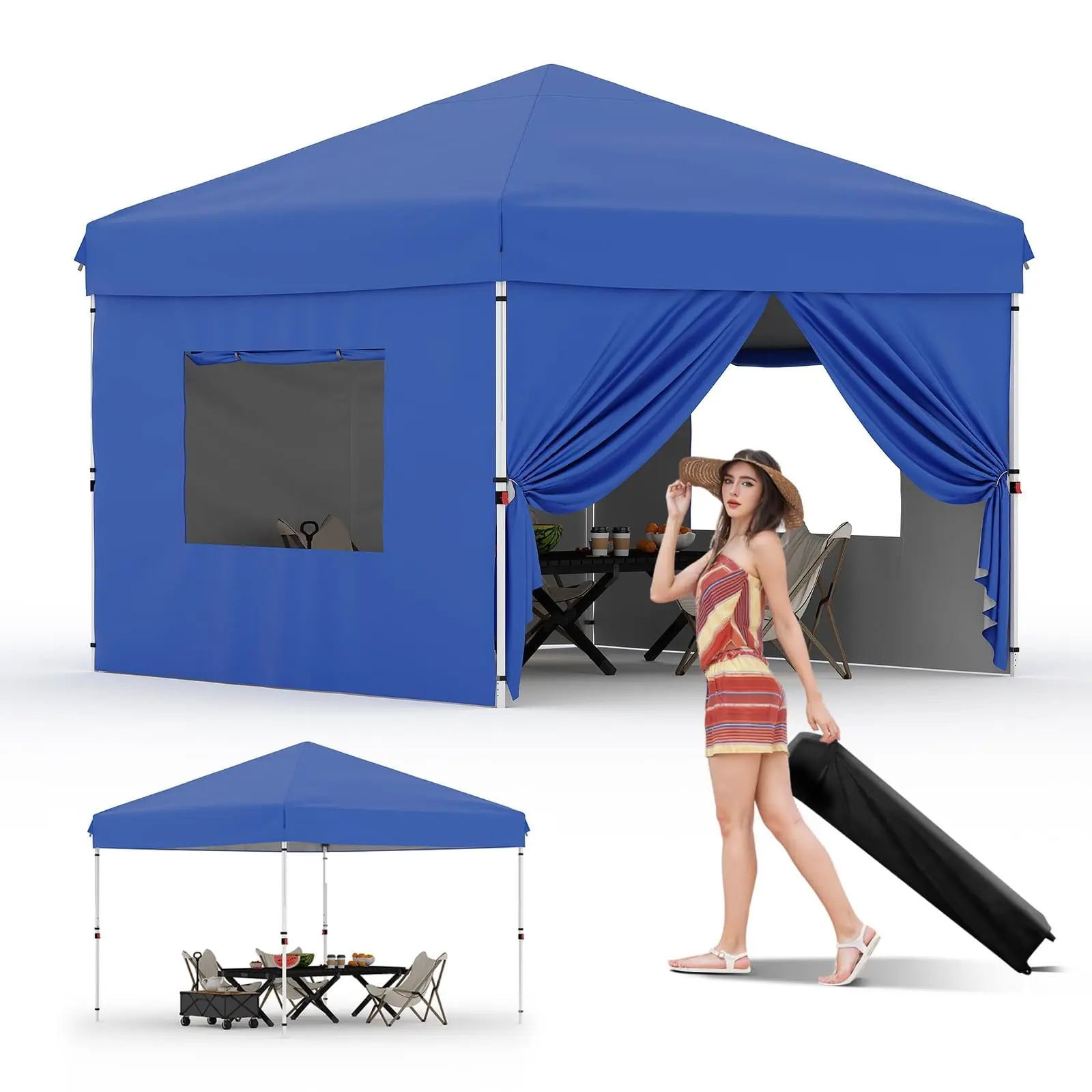Garvee 10x10 Square Pop Up Canopy Tent with 4 Sidewalls, Push Button Setup, Reinforced Frame, Adjustable Height, Waterproof UV-Protection, Portable Roller Bag, Sandbag Base – Ideal for Camping, Markets