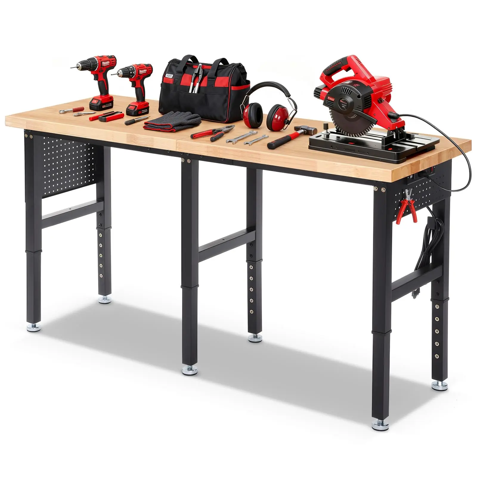 ENJOYWOOD Solid Wood Rubberwood Heavy-Duty Height Adjustable Desk (72x24in, 6 Height Settings, 5000 lbs Load Capacity, Metal Ft) with ETL-Certified Power Strip, Extended Pegboards, Pre-Drilled Holes, Cord Organizers for Garage Organization, Workshops, Stu