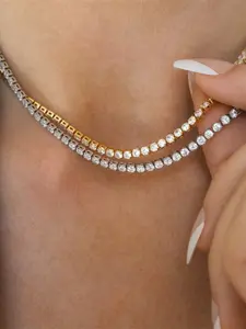 18K Real Gold Plated Stainless Steel Tennis CZ Bracelets Necklaces Women Dainty Zirconia Cut Faux Diamond Chain 2mm Jewelry Set