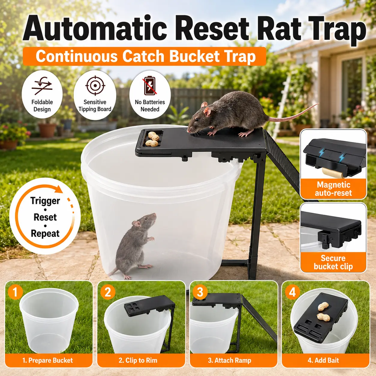 Automatic Reset Bucket Mouse Trap, Reusable Continuous Catch Rat & Rodent Trap with Foldable Tipping Board, No-Battery Multi-Catch Pest Control Trap for 5-Gallon Buckets, Indoor Outdoor, White or Black Ramp Style