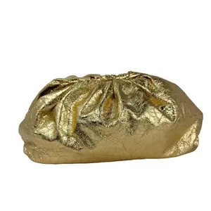 Pre-owned Bottega Veneta lambskin Clutches & Wristlets Metallic Gold Crinkled The Pouch Oversized Clutch Bag