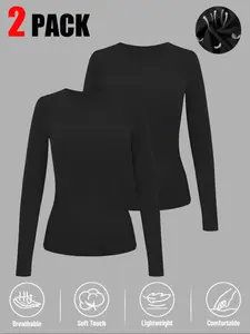Women's Sporty Athletic Fitted Long Sleeve Round Neck T-Shirt, Breathable Comfortable Knit Top, Spring & Fall Casual Wear, Pack of 2