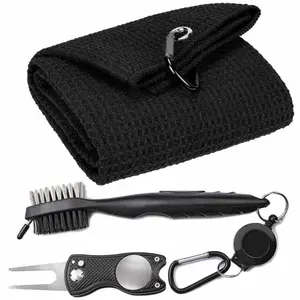 Microfiber Waffle Pattern Golf Towel, Club Groove Cleaner Brush, Foldable Divot Tool with Magnetic Ball Marker, Suitable for Clean Golf Clubs and Golf Balls