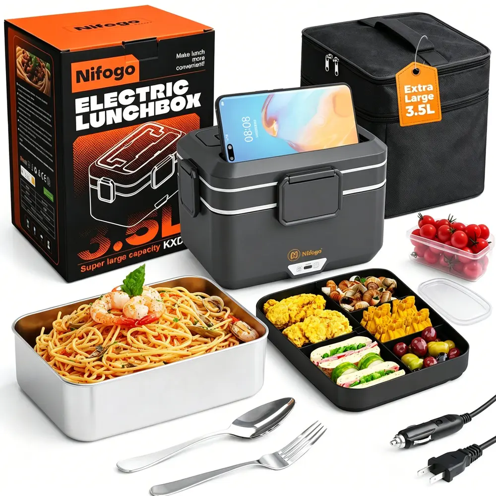 Digital Display Electric Heated Lunch Box 80/100W 1.5/1.8/2.5/3.5L Food Warmer, Square Black Design Utensils Included for Truck Office School