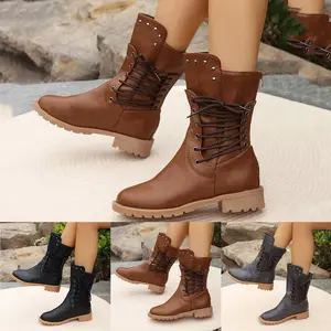 Womens Mid Calf Boots Wid Calf Low Heel Combat Boots Vintage Lace Up Boots Casual Shoes Winter Booties with Zipper