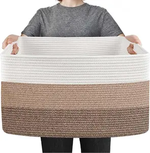 Extra Large Blanket Basket, Woven Blanket Storage for Living Room, Wicker Throw Pillow Shoe Holder Bin, Big Kids Dog Toy Organizer, Cotton Rope Baskets for Organizing