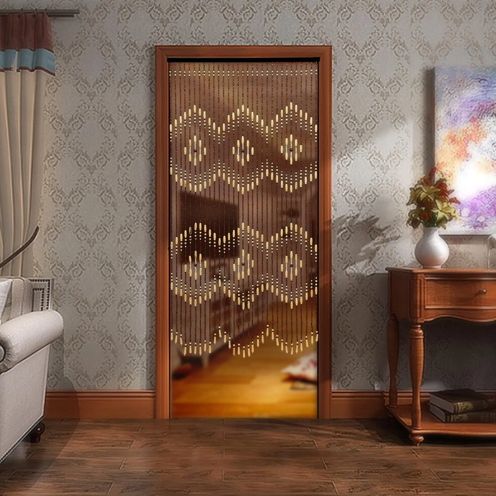 Handmade Traditional Wooden Bamboo Beaded Door Curtain - Lightweight, Foldable Light, Zigzag Floral Design, Cotton Thread, Rustproof (90x175cm) Brown Chinese Style Home Decor, Privacy Solution for Living Room, Patio Door