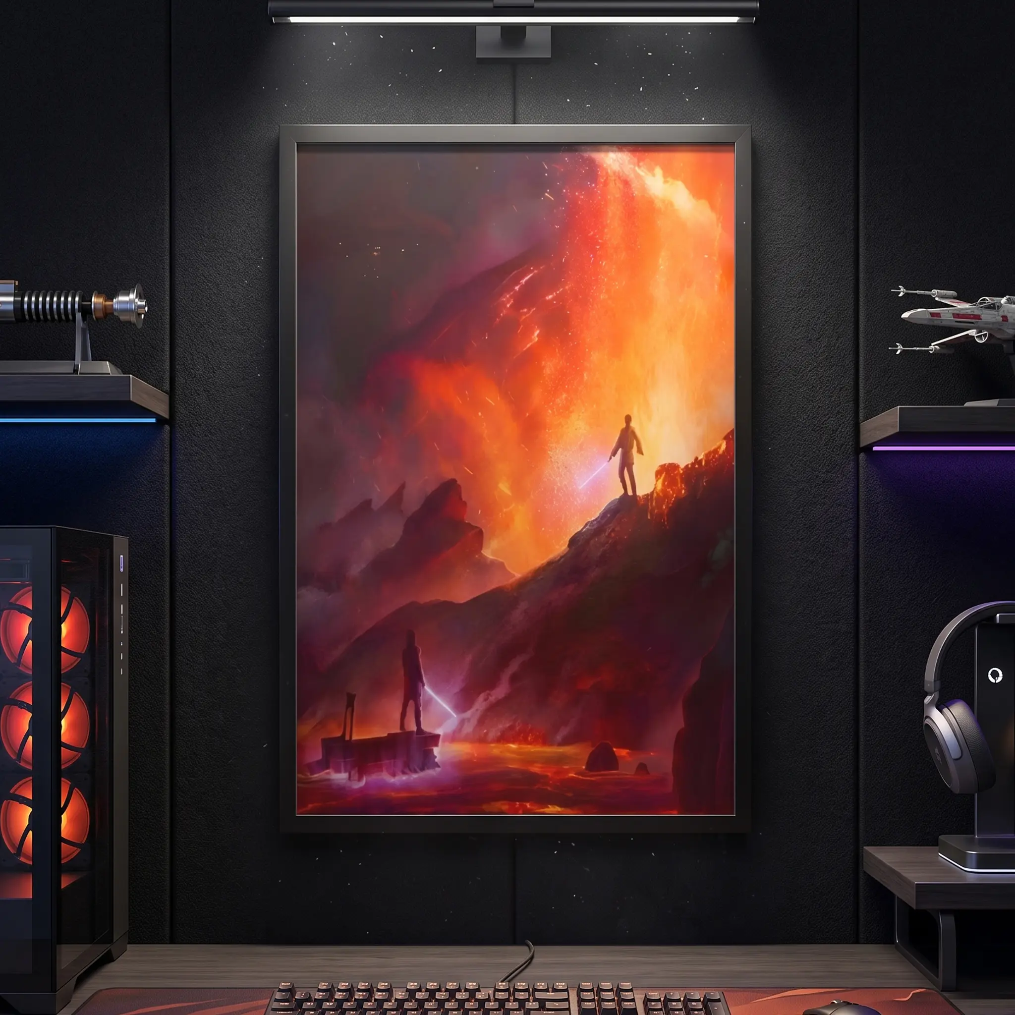 Epic Fantasy Volcano Canvas Wall Art Print - Creative Design, Vibrant Graphics, Heroic Silhouettes, Dramatic Lava Landscape, Adventure-Themed Home Decor for Living Room, Ideal Gift