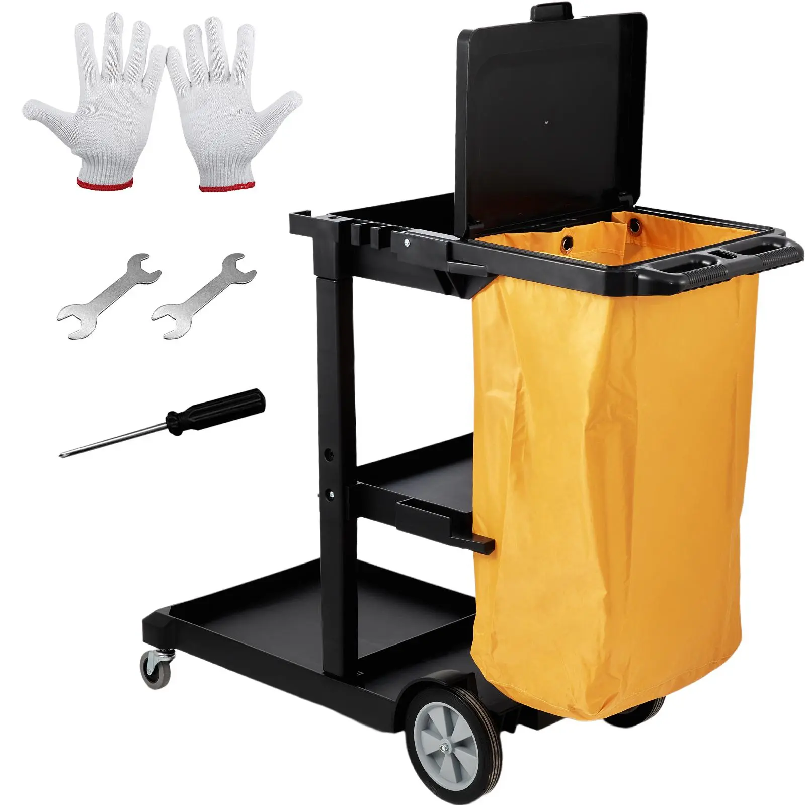 【Summerfinds】VEVOR Cleaning Cart, 3-Shelf Commercial Janitorial Cart, 200 lbs Capacity Plastic Housekeeping Cart, with 25 Gallon PVC Bag and Cover, 47 x 20 x 38.6in, Yellow&Black