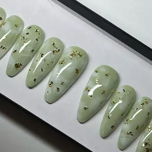 Glossy Sage Marble & Gold Nails| Presson Glue on Trendy Handmade| Gel X Nails |Glitter Glam Style High Gloss High Gloss