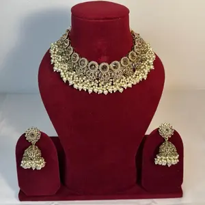 beautiful golden polki nacklace set with tikka indian style and light weight