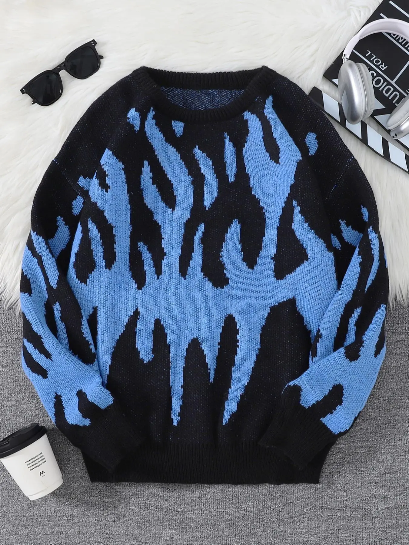 Men's Fall Winter Flame Jacquard Pullover Sweater, Casual Long Sleeve Round Neck Knitwear, Fitted Style, Daily Wear, Moderate Fabric Thickness, Menswear