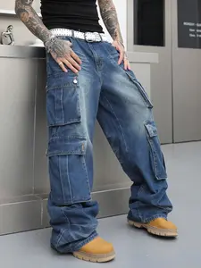 Men's Streetwear Multi-Pocket Work Pants Denim Jeans, Casual Fashion Cargo Trousers, Comfortable and Stylish Daily Wear, Classic, Streetwear Casual Bottom