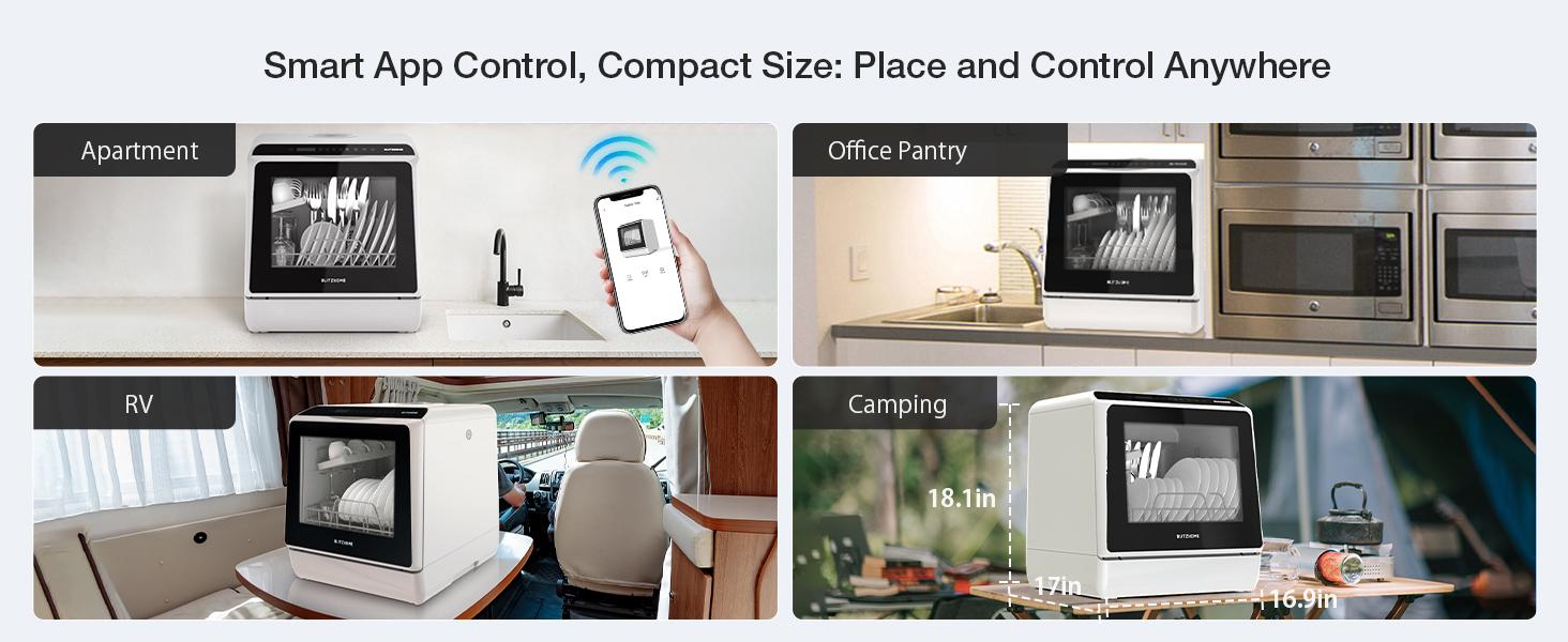 Countertop Dishwasher, BLITZHOME WiFi Smart App Control 6 Programs Portable Mini Dishwasher with 5L Built-in Water Tank, 360° Dual Spray, High-Temp & Dry, Delay Start Function, Compact Tabletop Dishwashers for Kitchen, Apartment, Camping, RV