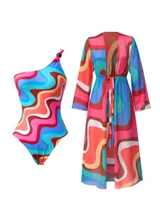 2026 new women’s printed one-piece swimsuit set with two-piece cover-up; holiday sun-protection long-sleeve cover-up swimsuit set; sexy, figure-flattering women’s base layer beach sun-protection clothing