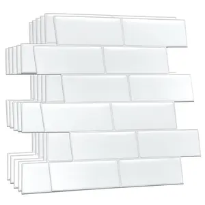 WALPLUS 20 Sheets Glossy Peel and Stick Kitchen Bathroom Backsplash Decorative Tile Stickers Stick on Subway Tile 12" x 6" Pure White Subway Tiles