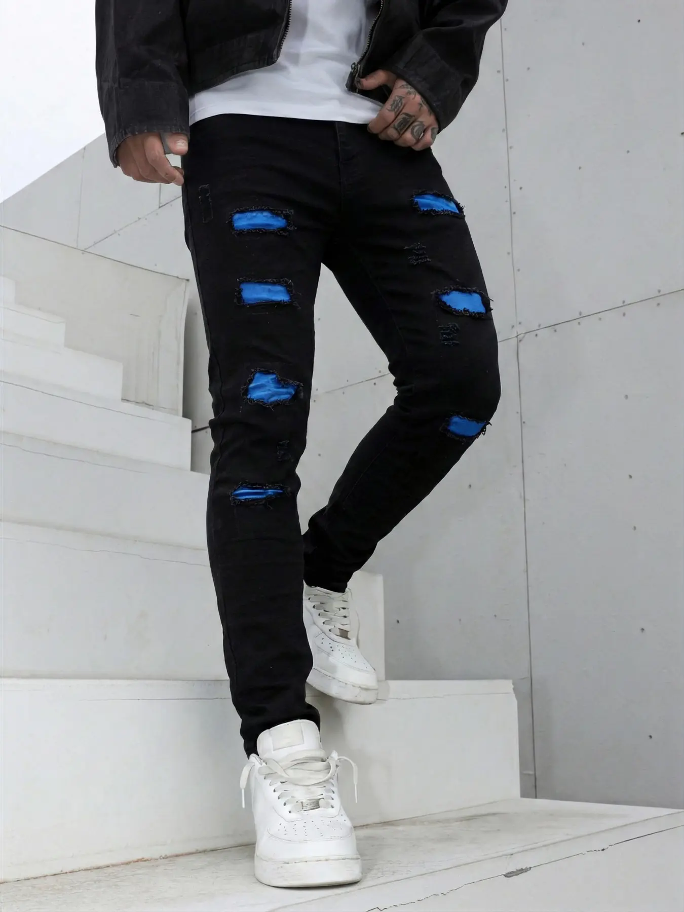 Men's Denim-Effect Print Ripped Jeans, Distressed Skinny Jeans, Casual Comfy Slim-fitting Skinny Pants for Daily Wear, Streetwear Fashion Men's Bottoms for All Seasons