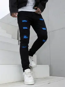 Men's Denim-Effect Print Ripped Jeans, Distressed Skinny Jeans, Casual Comfy Slim-fitting Skinny Pants for Daily Wear, Streetwear Fashion Men's Bottoms for All Seasons