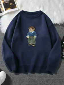 Unisex Cartoon Bear Print Crew Neck Sweater, Casual Loose Long Sleeve Jumper for Fall & Winter, Fashion Ladies' Knitwear for Daily Wear