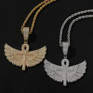 Iced Out Angel Wing Ankh Pendant Necklace for Men & Women, Bling Hip Hop Cuban Chain Jewelry, Gold & Silver Plated Statement Gift