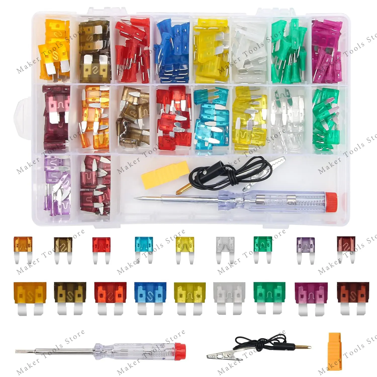 180PCS Automotive Fuse Box Case Kit with Puller and Circuit Tester Pen for Cars, RVs, Trucks
