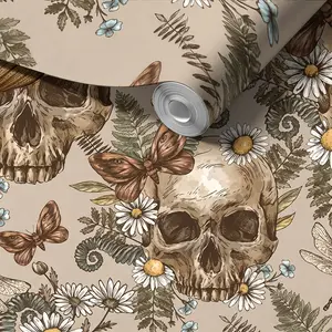 Peel & Stick Gothic Cottagecore Wallpaper, Neutral Tone Skull & Wildflower Print, Mould-Proof, Removable, No Residue, Living Room Decor