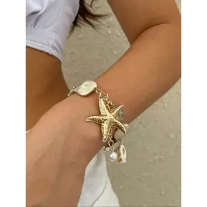 Boho Style Starfish & Shell Decorated Adjustable Link Chain Bracelet, Trendy Exquisite Jewelry for Party Daily Wear Birthday Gift