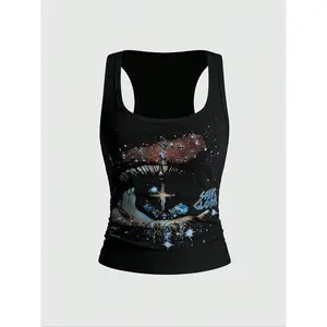 Neutral street style star printed vest, retro bad girl casual style, suitable for all seasons, suitable for various occasions, women's clothingRAIMENTRY