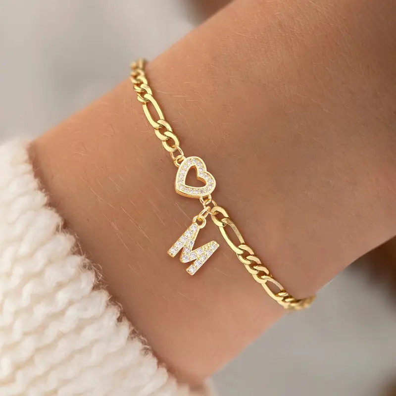 Mother's Day Gift Women's Pave Zirconia Heart Letter Initial Stainless Steel Heart Shaped Bracelet with Pendant, Letter Link Bracelet, Figaro Chain Jewelry Gift for Women, Elegant Daily Wear Accessory, Exquisite Bracelet, Heart Bracelets, Stainless Steel