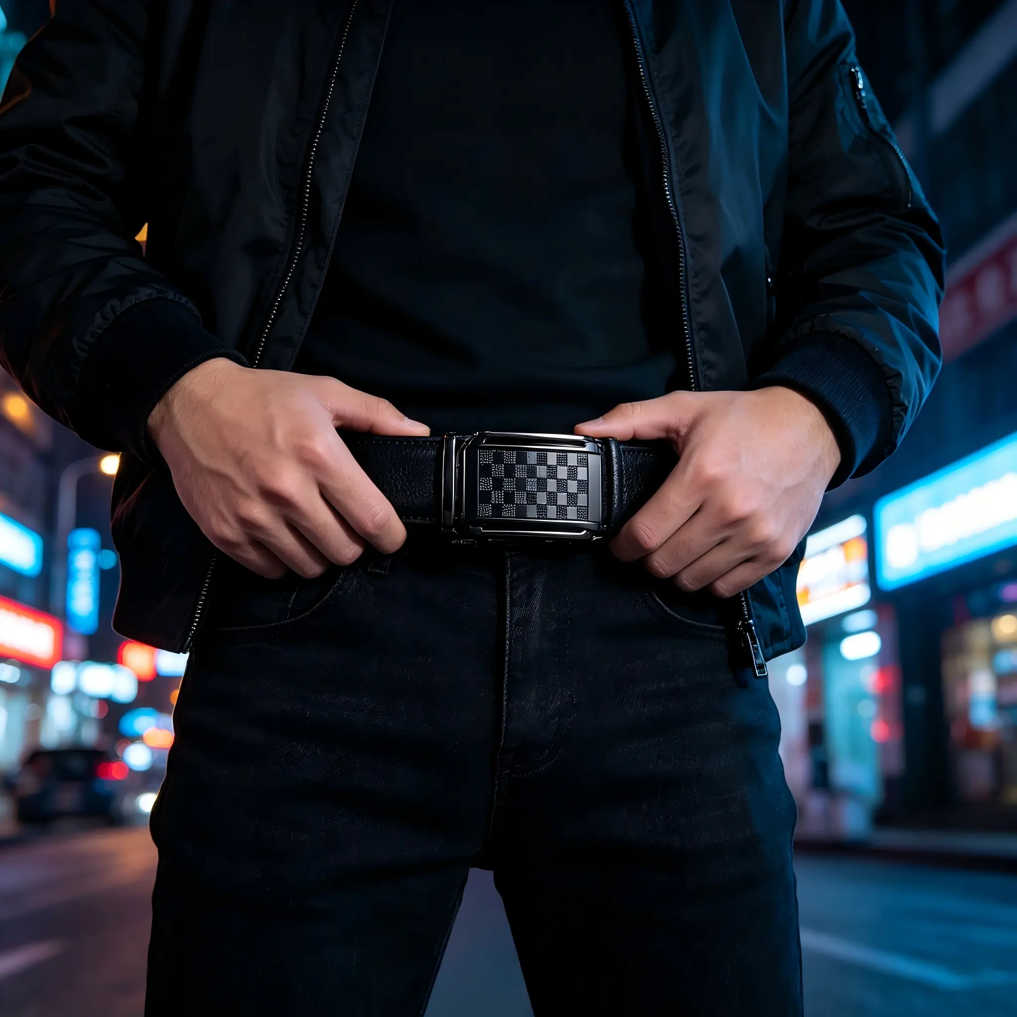 Men's Trendy Checkerboard Auto-Buckle Leather Belt - Black Gunmetal Ratchet Slide Belt for Streetwear, Business Casual Snowboarding Accessories