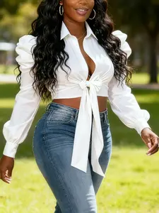 Women's Casual Bow Tie Bubble Sleeve Short Shirt Blouse, Fitted Woven Fabric Top for Spring & Fall, Stylish Moderate Thick Cloth