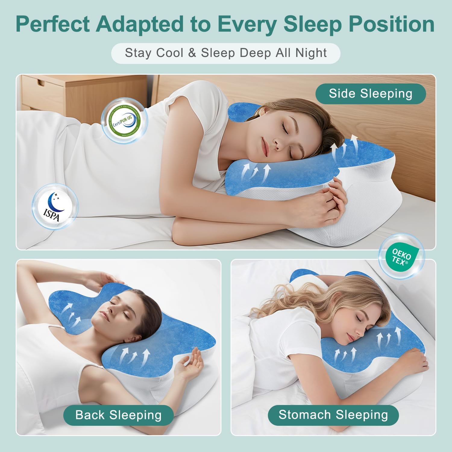 DONAMA Cervical Neck Pillow- Ergonomic Pillows for Pain Relief, Contour Memory Foam Pillow for Side/Back/Stomach Sleepers, CertiPUR-US Certified with Cooling Ice Silk Pillowcase