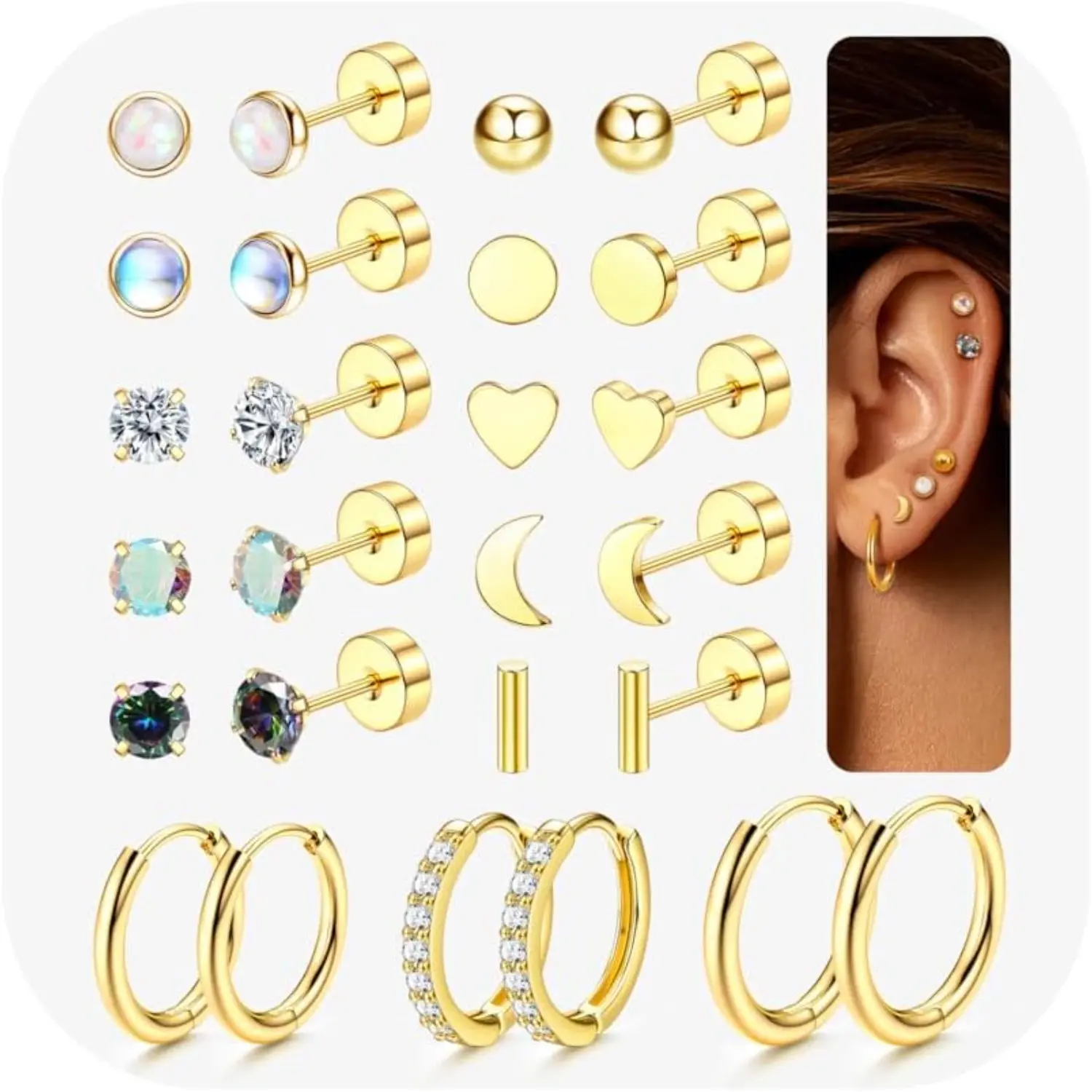 YADOCA Hypoallergenic Surgical Steel Earrings for Sensitive Ears - Flat Back Stud Earrings for Women Men - Cubic Zirconia Opal Stud Hoop - 20G Flatback Cartilage Earring Sets for Multiple Piercing 13Pairs