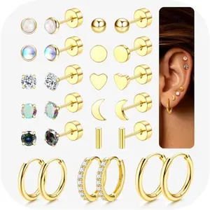 YADOCA Hypoallergenic Surgical Steel Earrings for Sensitive Ears - Flat Back Stud Earrings for Women Men - Cubic Zirconia Opal Stud Hoop - 20G Flatback Cartilage Earring Sets for Multiple Piercing 13Pairs