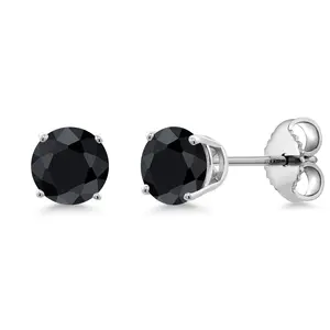 1.38 Ct Round 5mm Black Sapphire 925 Sterling Silver Stud Earrings