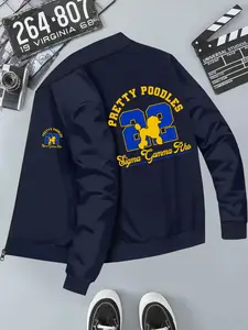 Street Style Poodle Slogan Print Stand Collar Jacket, Casual Comfortable Spring Fall Top, Long Sleeve Slim Fit Geometric Pattern