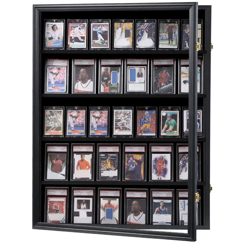 24.25in x 30.5in x 2.1in Black Matte Lockable 35-Slot Acrylic Wood Sports Card Display Frame - UV Protection Wall Holder with 2 Anti-Theft Gold Plated Locks, Lipped Edge Compartments for Baseball Cards Collectors