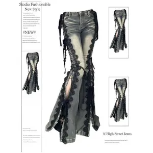 Low waist split boot shaped pants for women, spring eye lace up flared jeans with retro stitching, slim fit flared pants, streetwear