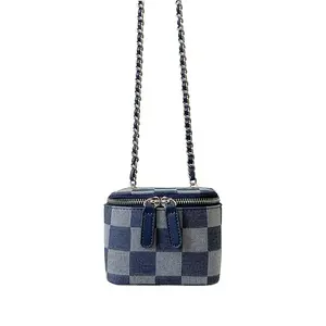"Stylish Checkered Chain Crossbody Bag - Mini Denim Lipstick Box for Women, Creative Summer Fashion Must-Have!"