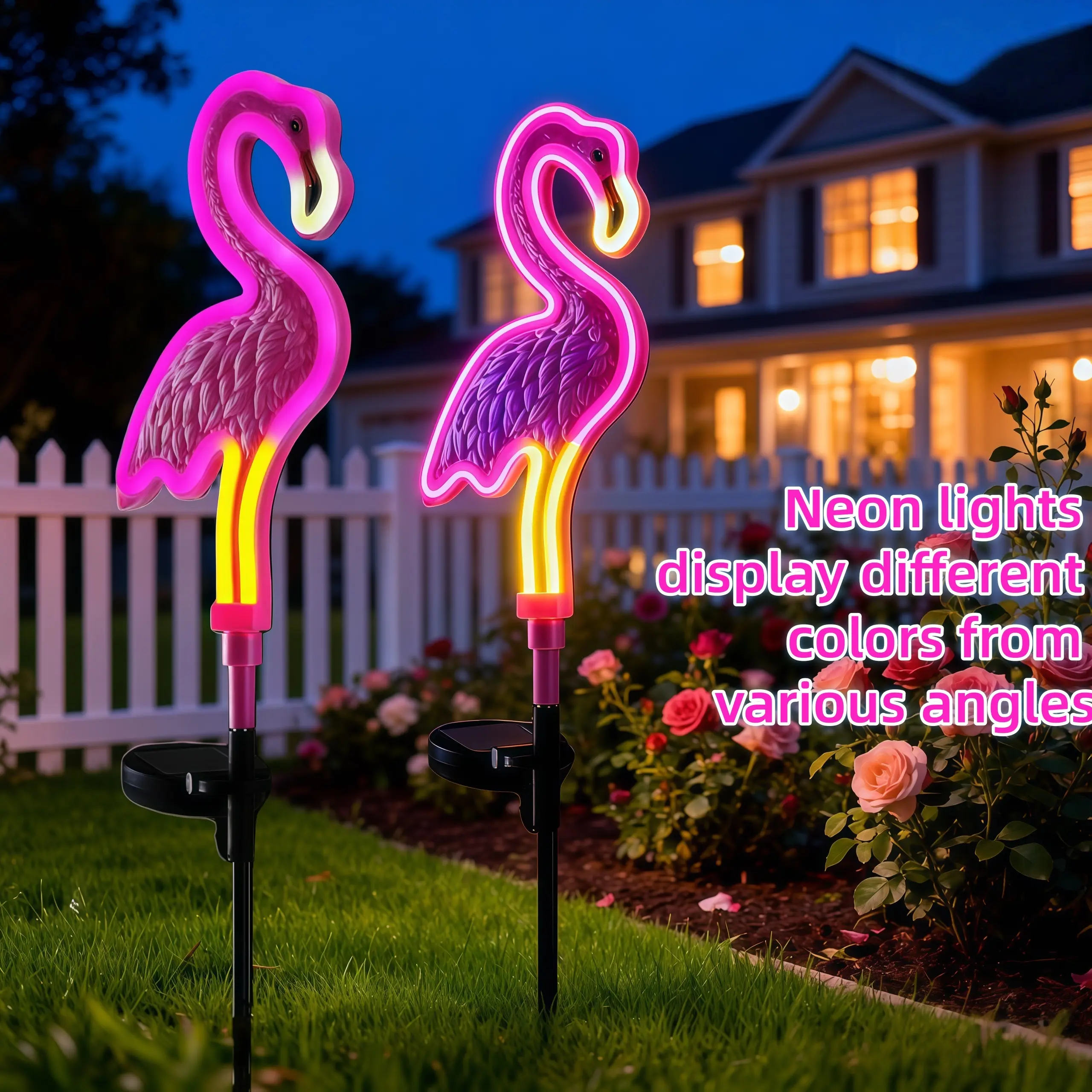 Flamingo Solar Lights Outdoor waterproof, Solar Pink Flamingos Halloween Decoration ,Pink Neon Flamingo Solar Garden Lights for Outside,Pathways,Patio or Lawn Decor,Gifts for Mom(2Pack)