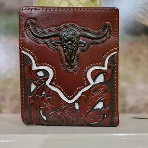 Men's Wallet Longhorn Western style genuine leather short bi-fold lasercut wallet