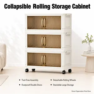Collapsible Storage Bins with Lids & Wheels - Stackable Storage Organizer, Easy Assembly Plastic Cabinet for Clothes, Toys, Pantry, Home Organization Must Have