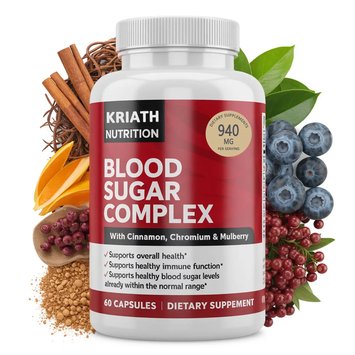All Natural Dietary Blood Sugar Support Botanical Supplement for Adults - Cinnamon, Berberine, Chromium Infused, Non-GMO, Gluten-Free, Plant-Based Capsules, 60 Count