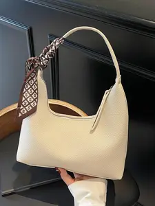 Women's Elegant Shoulder Bag, Fashionable Crescent Handbag with Silk Scarf Decor, Casual Trendy Versatile High-quality Daily Commuting Bag