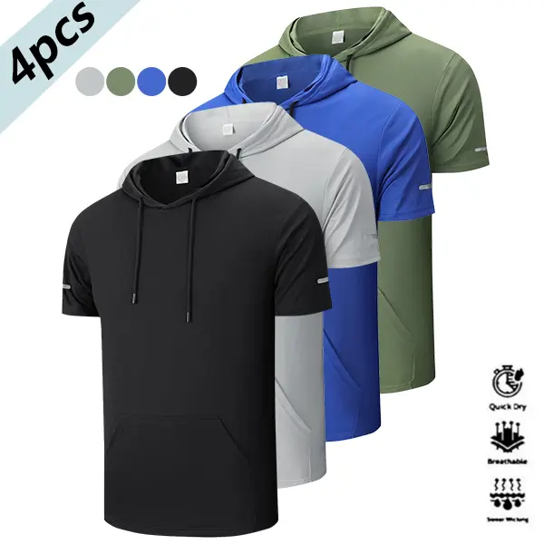Men's 4-Piece Plain Activewear Set, Quick-Dry Fitted Compression Suit with Hood, Shorts, Large Pocket, and Reflective Details for Travel