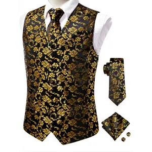 Men's Vintage Elegant Fit Sleeveless Vest Set With Floral Print, Formal Suit Waistcoat & Tie Cufflinks Hanky For Wedding Party Business  Menswear Polyester  Fabric Collar Multicolor Vneck
