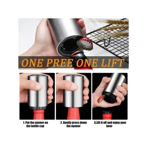 Premium Automatic Beer Bottle Opener (Stainless Steel), No Damage To Caps, Portable Push Down And Pop Off Magnetic Cap Catcher, QUICK Fun Bartender Openning Tool For Corkscrew Lid Home Bars Kitchen